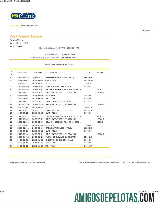 Modelo realista de extrato do Banco Comercial Nacional da Jamaica em Word e PDF